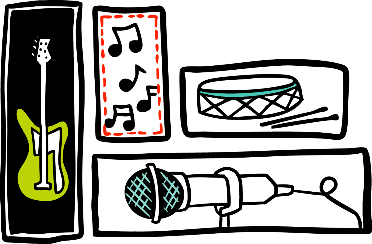 An illustration of a guitar, a microphone, a snare drum and some musical notes
